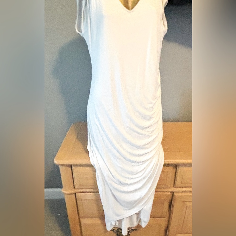 White long ruching on one side cap sleeve dress